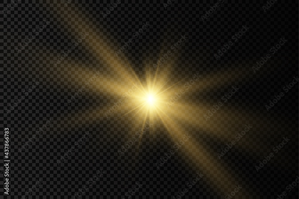 Yellow glowing light bright star, golden sun.