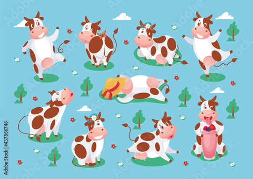 Set of cute funny cow cartoon characters. Dairy milk product, yogurt. Natural healthy food. Vector illustration, isolated. Logo, emblem, icon, sticker, maskot for packaging