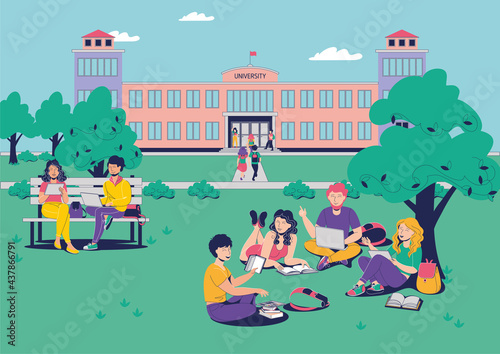 A group of multilingual students with books and gadgets are sitting in the park in front of the university building and studying, talking, discussing, reading books. Campus life. Vector illustration