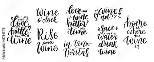 Wine vector quote set. Positive funny sayings for poster in cafe and bar, t shirt design. Kitchen funny typography poster set about love for wine. Vector illustration isolated on white background