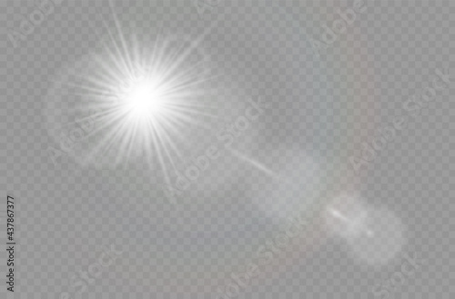 Shining glare rays, lens flare, light effect.