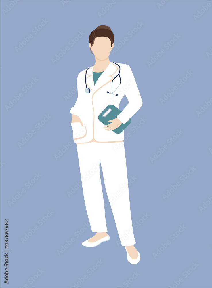 An caucasian woman doctor in a medical uniform. Full-length portrait of professional. Working in a hospital or clinic. Concept vector illustration in flat style An caucasian woman doctor in a medical uniform. Full-length portrait of professional. Working in a hospital or clinic. Concept vector illustration in flat style