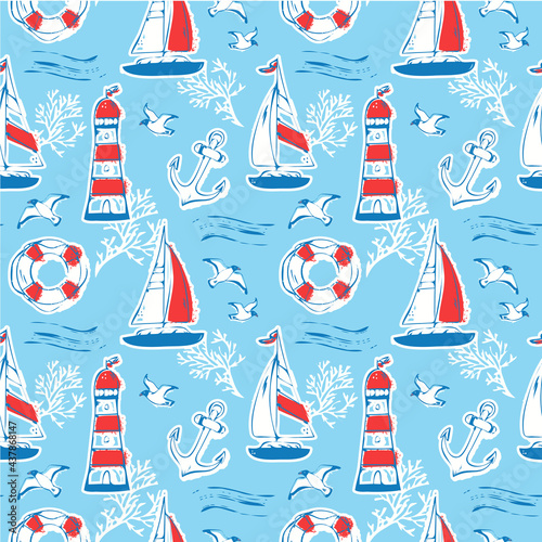 Nautical seamless pattern with sailboat, lighthouse, anchor. Sea background.