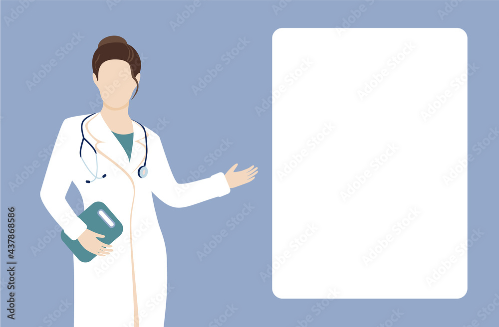 An young caucasian Woman doctor in white medical coat, next to the white board for text of medical information. Concept vector illustration in flat style. Background for text. An young caucasian Woman doctor in white medical coat, next to the white board for text of medical information. Concept vector illustration in flat style. Background for text.