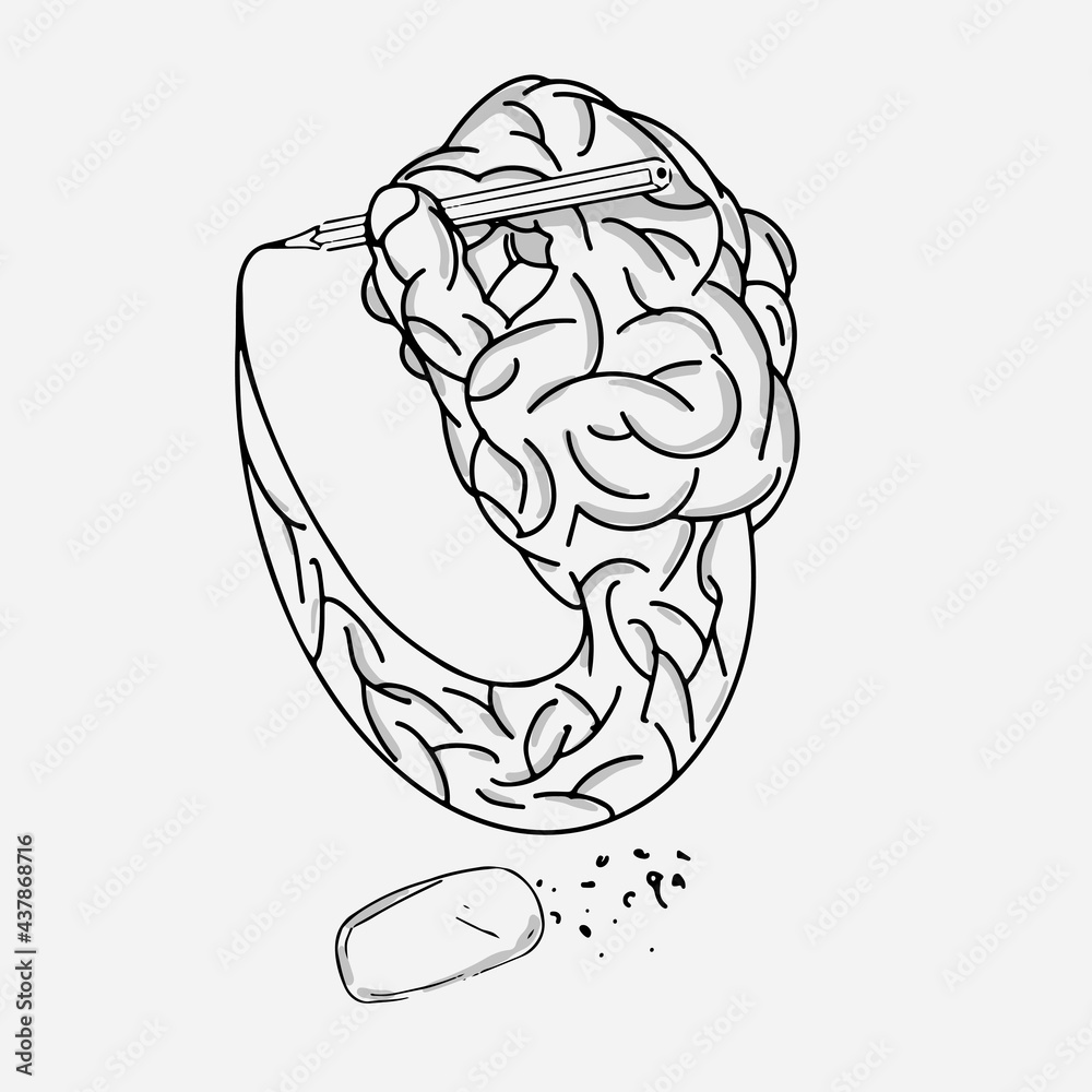 Fototapeta premium Sketcher logo design. Hand holding a pencil. Give it in the form of the brain. Designer and dreamer vector logo.
