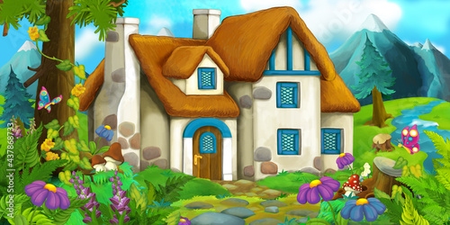 cartoon scene wooden house on farm ranch illustration