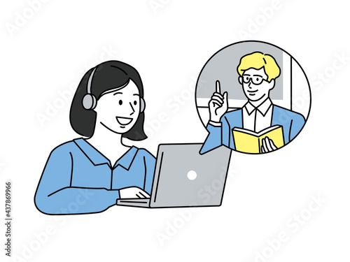 女性のオンライン授業イラスト(習い事、塾、勉強、通信、英会話、講習、自宅学習、資格、転職、スキルアップ) Online lesson illustrations for women (study, cram school, study, correspondence, English conversation, course, home study, qualification, job 