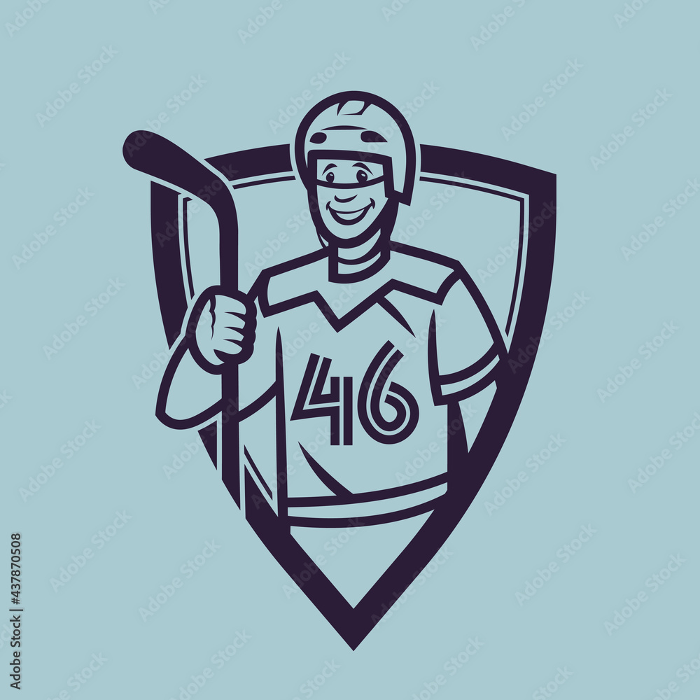 Hockey player holding stick. Sport concept art in monochrome style.