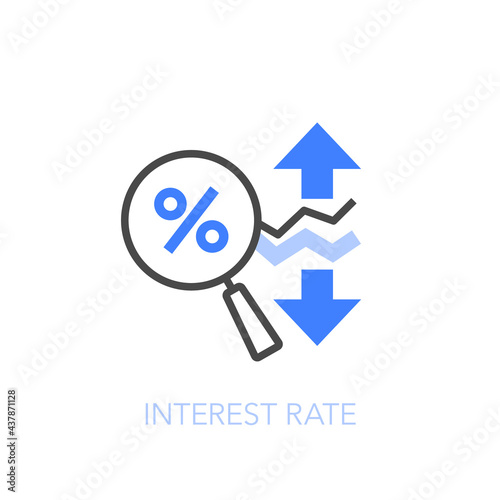 Interest rate symbol with a magnifier and growing and decreasing rate curves. Easy to use for your website or presentation.