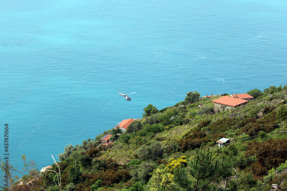 Mare costa con macchia mediterranea case ed elicottero