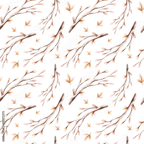 Fototapeta Naklejka Na Ścianę i Meble -  Pattern of watercolor autumn leaves: oak, maple, birch, rowan, ash. Golden fall trees landscape. Yellow leaf background