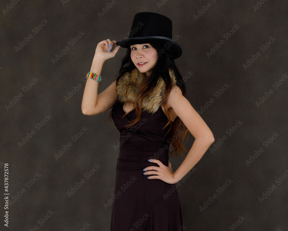 Joyful fancy woman in black dress and hat Joyful fancy woman in black dress and hat