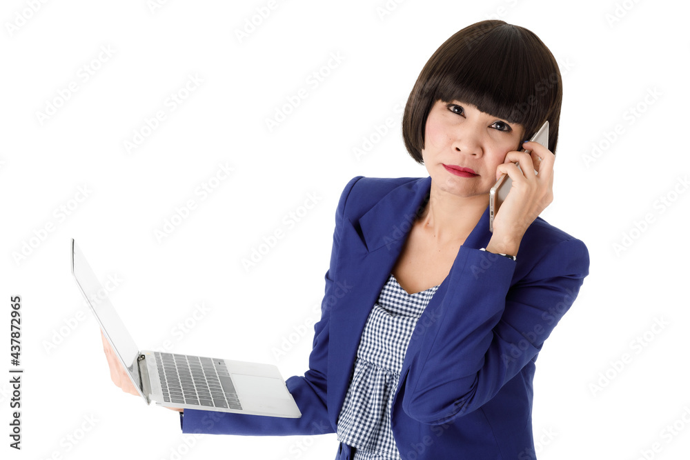 Businesswoman with laptop yelling at smartphone Businesswoman with laptop yelling at smartphone