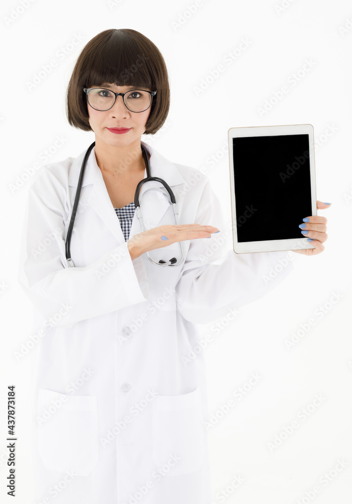 Smiling doctor showing digital tablet Smiling doctor showing digital tablet
