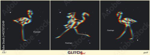 Polygon flamingo. Glitch geometric animal set. Low poly logo icon