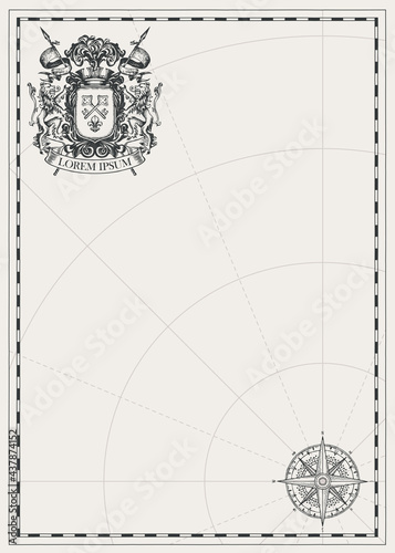 Vintage background with ornate Coat of arms, wind rose, compass sign and place for text. Hand-drawn vector illustration on the theme of travel, adventure and discovery on the old paper backdrop