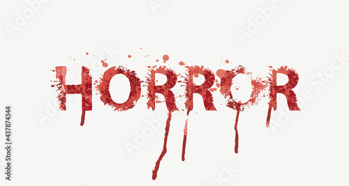 HORROR lettering in scary dripping bloody letters on a light background. Vector illustration in the form of an abstract grunge inscription with red blots, splashes and smudges. Halloween party style