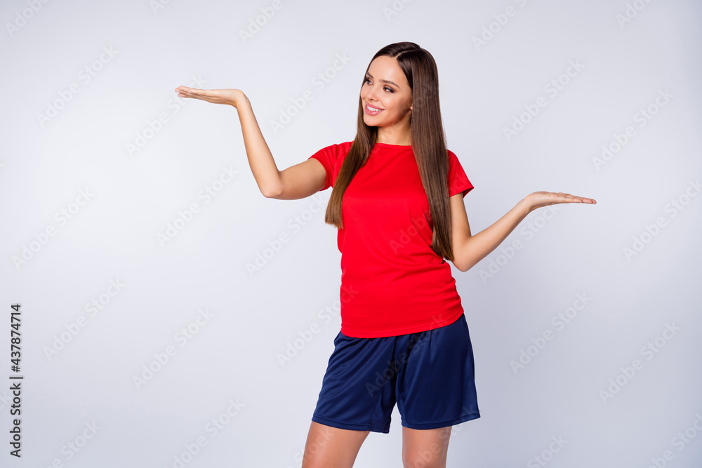 Photo of sports shop joyful owner lady advising soccer euro 2020 league sale products hold open arms advising fan stuff wear football uniform t-shirt shorts isolated white color background Photo of sports shop joyful owner lady advising soccer euro 2020 league sale products hold open arms advising fan stuff wear football uniform t-shirt shorts isolated white color background