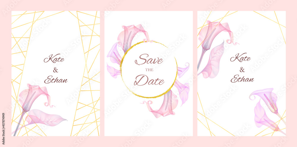 Luxury gold minimalistic design of modern invitation frame. Invitation design for wedding invitations. VIP invitation card with transparent calla lily flowers. Elegant invitation cards. X-ray flowers Luxury gold minimalistic design of modern invitation frame. Invitation design for wedding invitations. VIP invitation card with transparent calla lily flowers. Elegant invitation cards. X-ray flowers