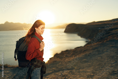 Woman tourist backpack travel nature landscape adventure