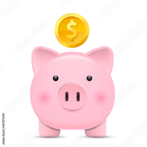 Front view. Pink piggy bank and coin. Vector illustration.