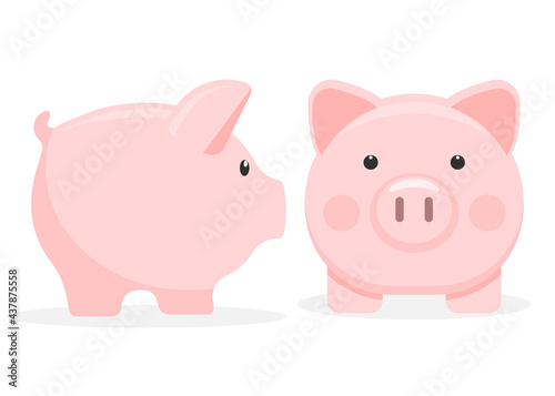 Set of pink piggy bank isolated on white background. Vector illustration.