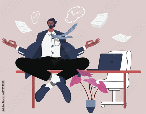 Businessman Meditating on table and solve problems at work, yoga relax lotus position, in office. Vector design illustrations isolated. 

