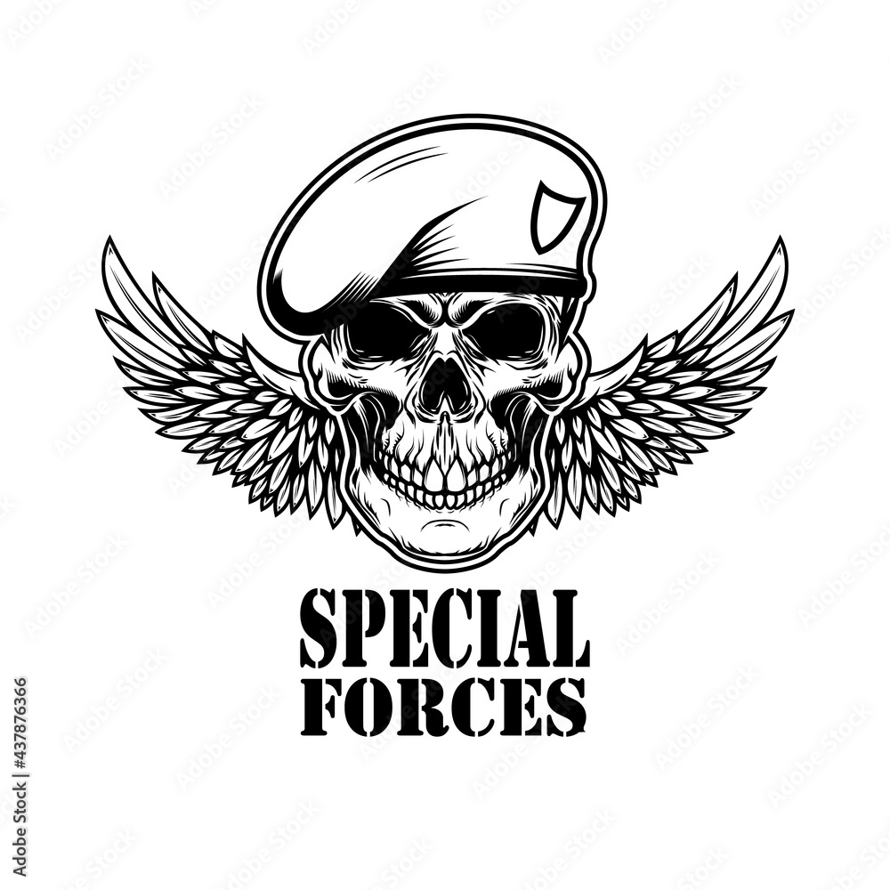 Special forces. Winged soldier skull. Design element for logo, label