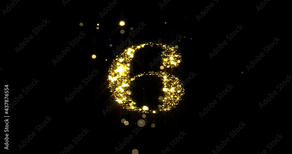 Number six glitter gold. Golden glittering number 6 with glister light and shiny sparks on black background