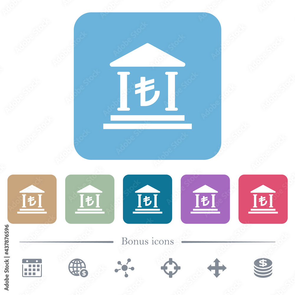 Turkish Lira bank office flat icons on color rounded square backgrounds Turkish Lira bank office flat icons on color rounded square backgrounds
