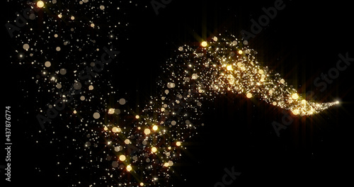 Gold glitter wave trail, glittering glister light and golden shooting star with shiny sparks particles and bokeh glisten on black background