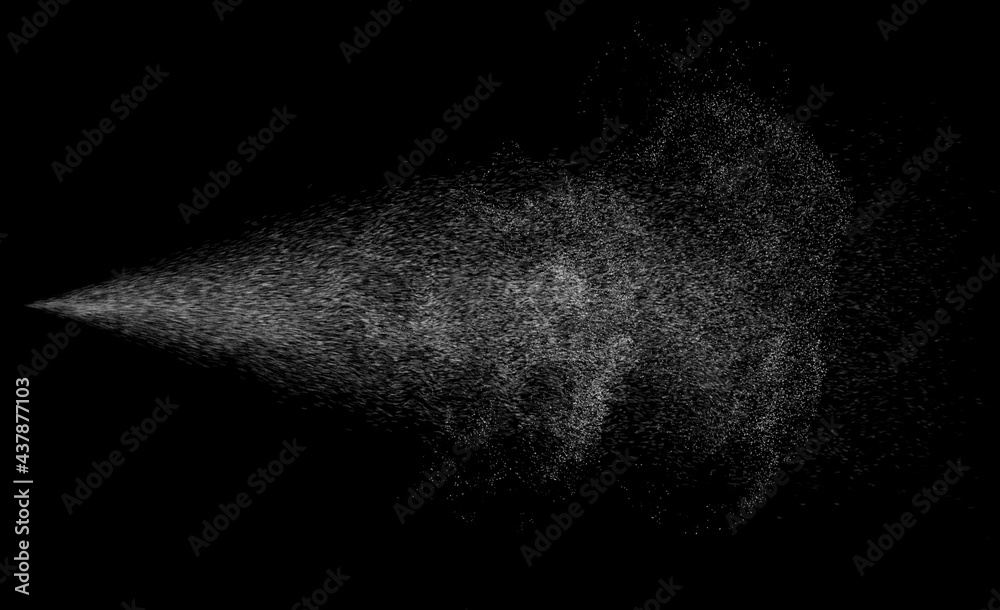Water spray dust. Spraying mist effect of air gun sprayer droplets jet isolated on black background - obrazy, fototapety, plakaty 