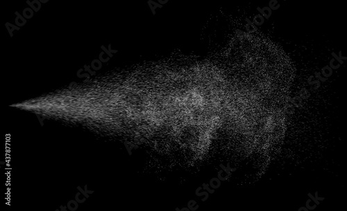 Water spray dust. Spraying mist effect of air gun sprayer droplets jet isolated on black background