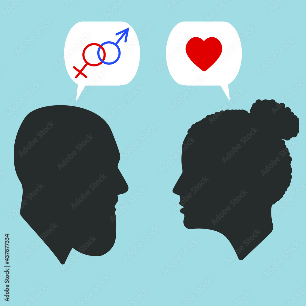 Portraits. Silhouettes of people with dialogue speech bubbles. Heart and gender sign. Bearded guy and girl in Love. Lovers. Conversation. Portraits. Silhouettes of people with dialogue speech bubbles. Heart and gender sign. Bearded guy and girl in Love. Lovers. Conversation.