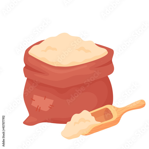 Wheat flour in a sack or burlap bag with wooden scoop isolated on white background. Barley, oat, rye, wheat flour. Natural farming food elements in cartoon style, vector