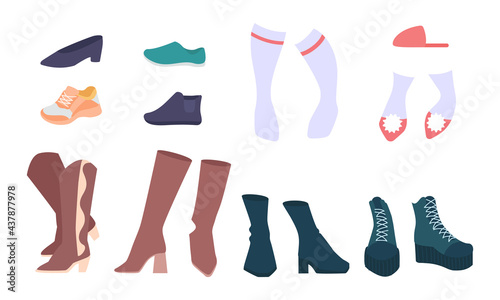 Different female shoes, flat vector, autumn and summer