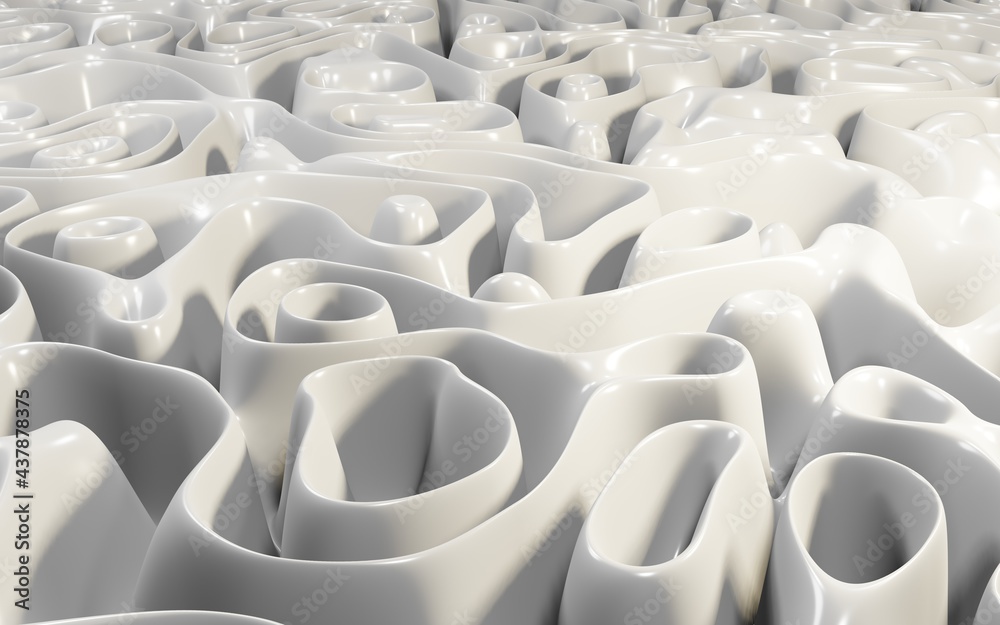 Obraz premium Abstract liquid pearl colored background, shiny bends of waves, milk or yogurt spill circles, creamy surface texture, silk fabric folds, 3d illustration dynamics of smooth white lines and shapes