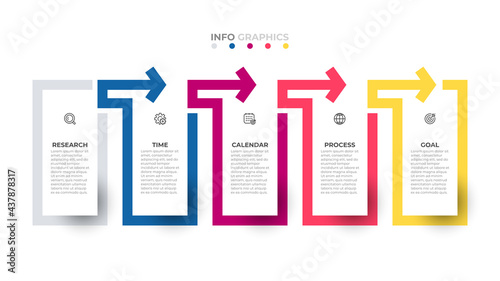 Vector illustration infographic template design label with icon and arrow. Business concept with 5 options or steps. Can be used for workflow diagram, info chart, web design.
