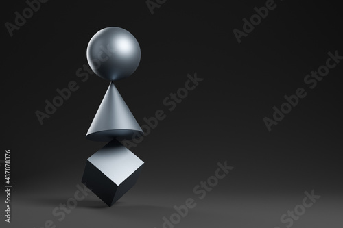 Fototapeta Naklejka Na Ścianę i Meble -  Zen figures metal cube square ball on dark background. Balance concept. 3d Rendering.