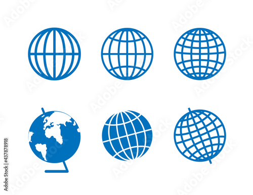 Set blue icons for the globe of the planet earth. Parallels and meridians on blue icon.