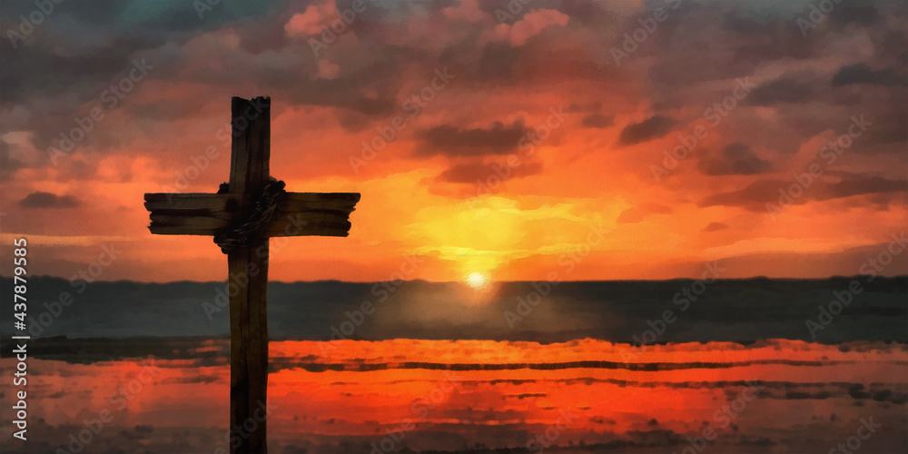 Cross against the background of a fiery sunset. Wide panoramic view. Artistic work