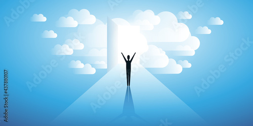 New Possibilities, Hope, Dreams - Business, Solutions Finding or Reaching Heaven Concept - Man Standing in Front of a Door in a Cloudy Sky with Bright Light at the End of the Road