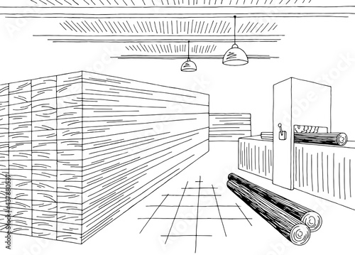 Sawmill interior graphic black white sketch illustration vector