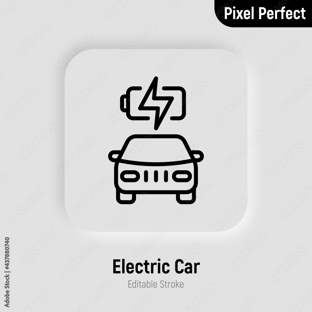 Electric car is charging. Thin line icon. Eco transport. Electromobile. Pixel perfect, editable stroke. Vector illustration.