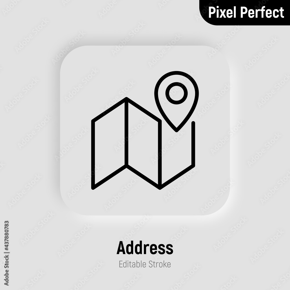 Address: pointer on map thin line icon. Direction, navigation. Pixel perfect, editable stroke. Vector illustration. Address: pointer on map thin line icon. Direction, navigation. Pixel perfect, editable stroke. Vector illustration.