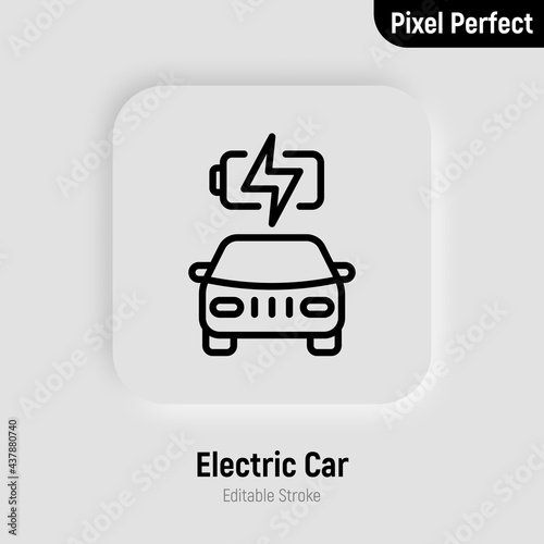 Electric car is charging. Thin line icon. Eco transport. Electromobile. Pixel perfect, editable stroke. Vector illustration.