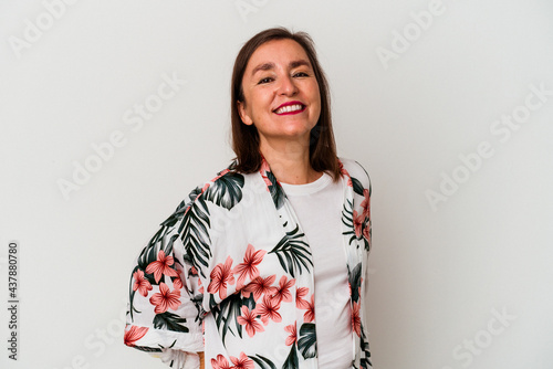 Middle age caucasian woman isolated on white background happy, smiling and cheerful.