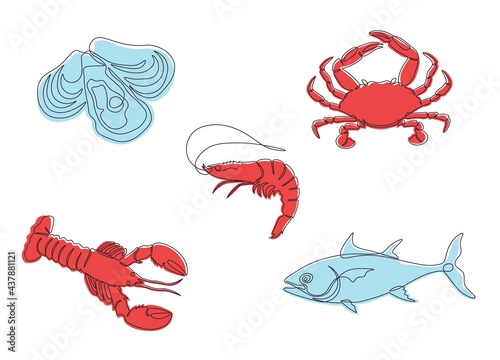 One line seafood set. Lobster, fish, crab, shrimp, oysters single line drawing. Restaurant menu icons, vector art illustration