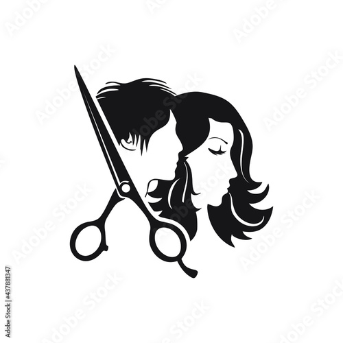 Hairdresser logo, Beauty salon logo with man and woman silhouettes, vector illustration.