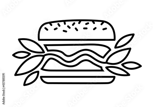Vegan burger vector black line icon. Plant based hamburger. Green leaves instead of meat cutlet. Food product made from plants.